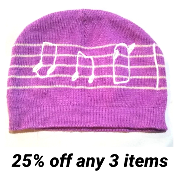 Beanie Embroidered Hat Fleece Warm Winter Musical Note Music Song Graphic Purple - Picture 1 of 8